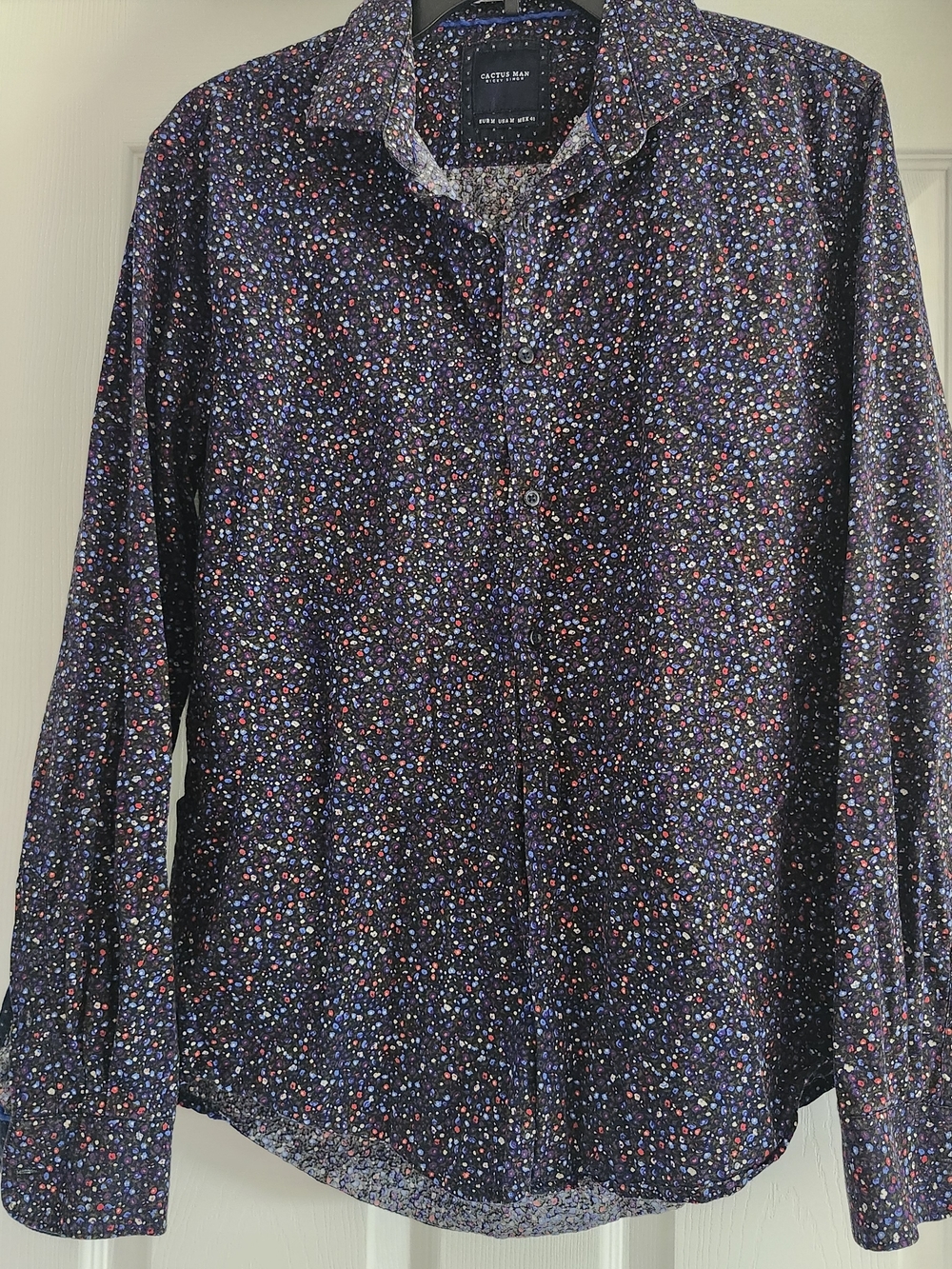 Cactus Man's Navy Button-Down Shirt with Red, White, Blue & Purple Dot Print